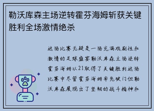 勒沃库森主场逆转霍芬海姆斩获关键胜利全场激情绝杀