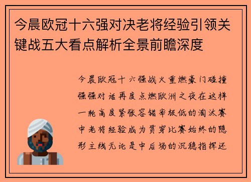 今晨欧冠十六强对决老将经验引领关键战五大看点解析全景前瞻深度 今晨欧冠十六强对决老将经验引领关键战五大看点解析全景前瞻深度